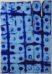 Tissue paper, folded and dipped into blue ink, then mounted on cartridge paper and stamped. A3